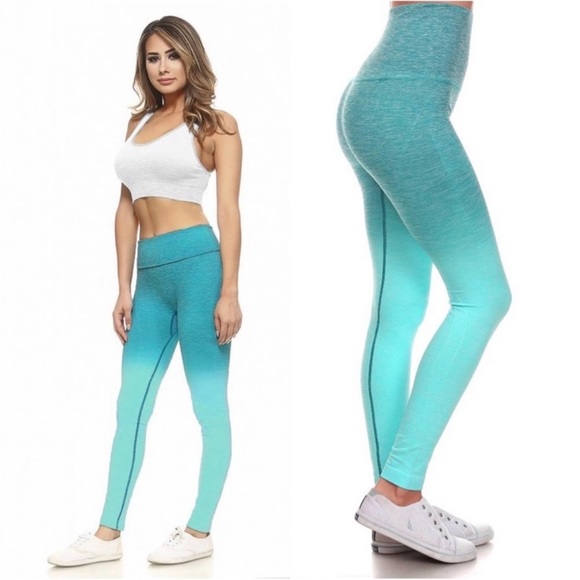 Private Label Pants - New Turquoise Dip Dye Ombré Women's Stretchy Athletic Yoga Hi Waist Leggings